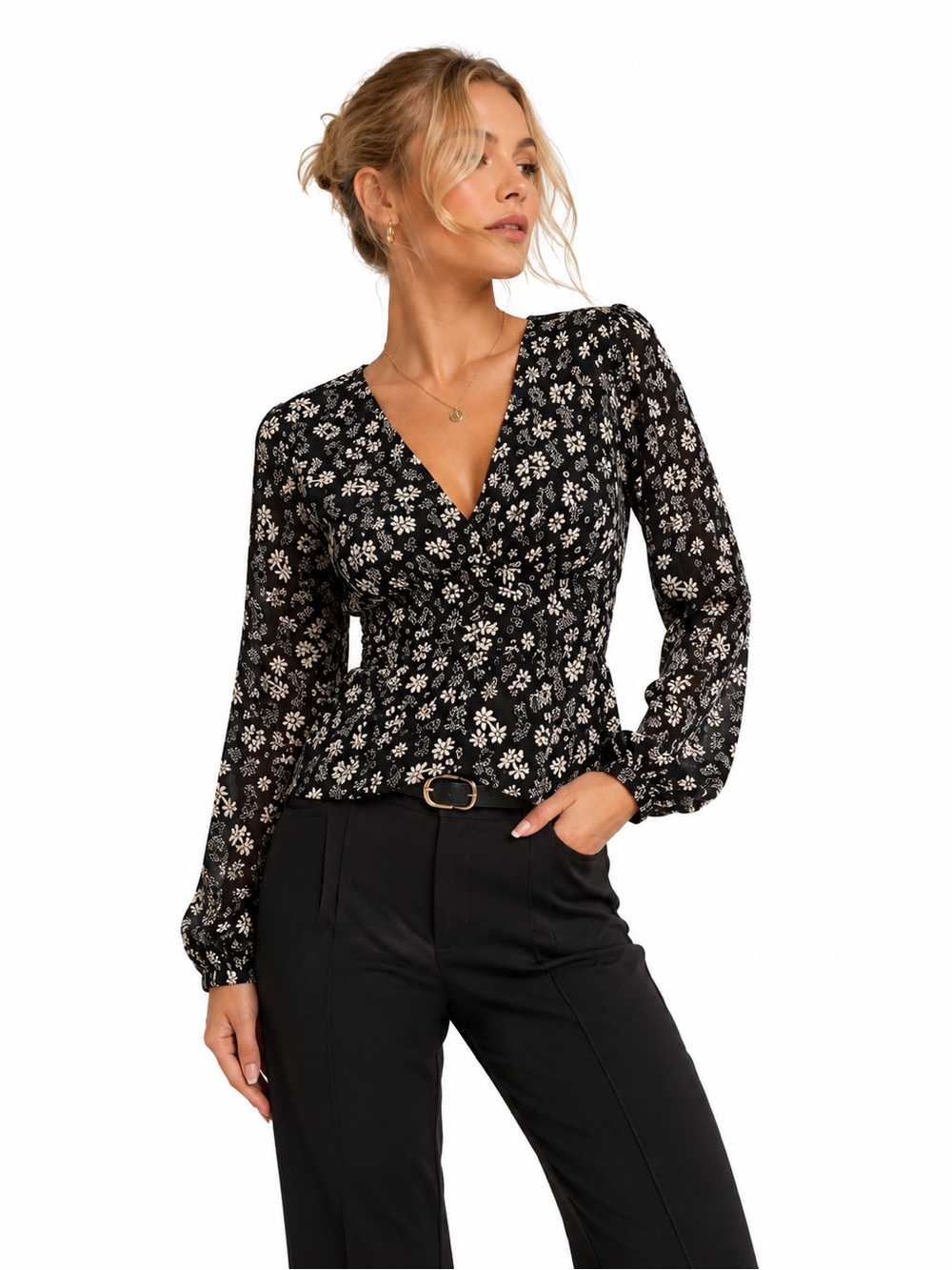 ASTR The Label Black Floral Ruched Peplum Blouse Long Sleeve V-Neck Women’s XS - Picture 1 of 4